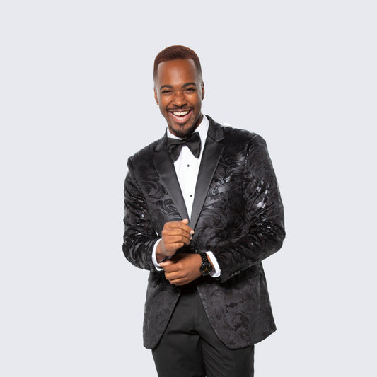 Black Paisley Tuxedo Jacket with Satin Notch Lapel – Hybrid Fit, Wedding & Prom